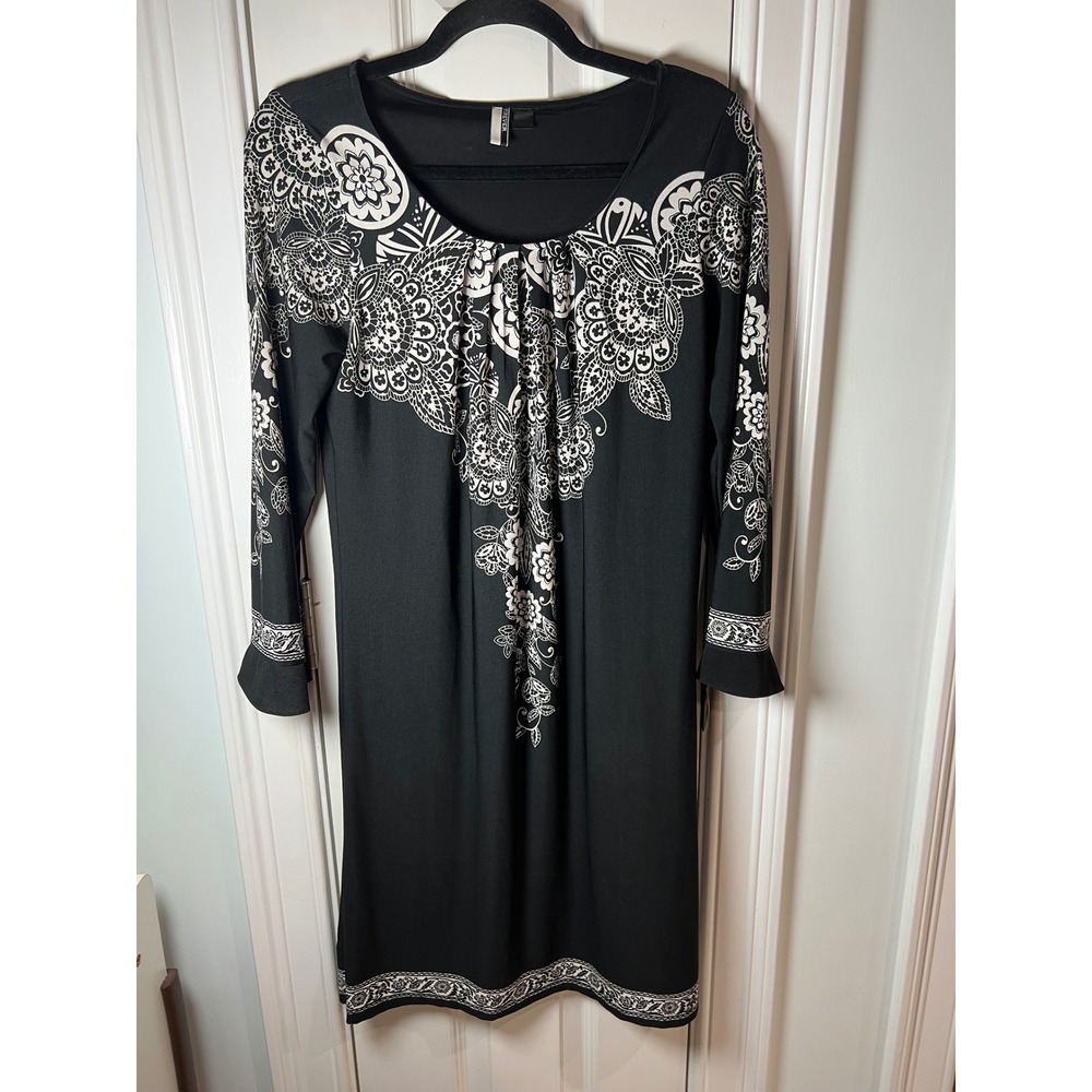 Forever Womens Black White Floral Medallion Long Sleeve Shift Dress Size S